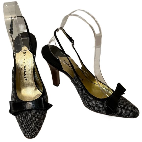 Dolce & Gabbana Black & Gray Tweed Slingback Heels Black Bow Wooden Heels Size 6 - Picture 6 of 13